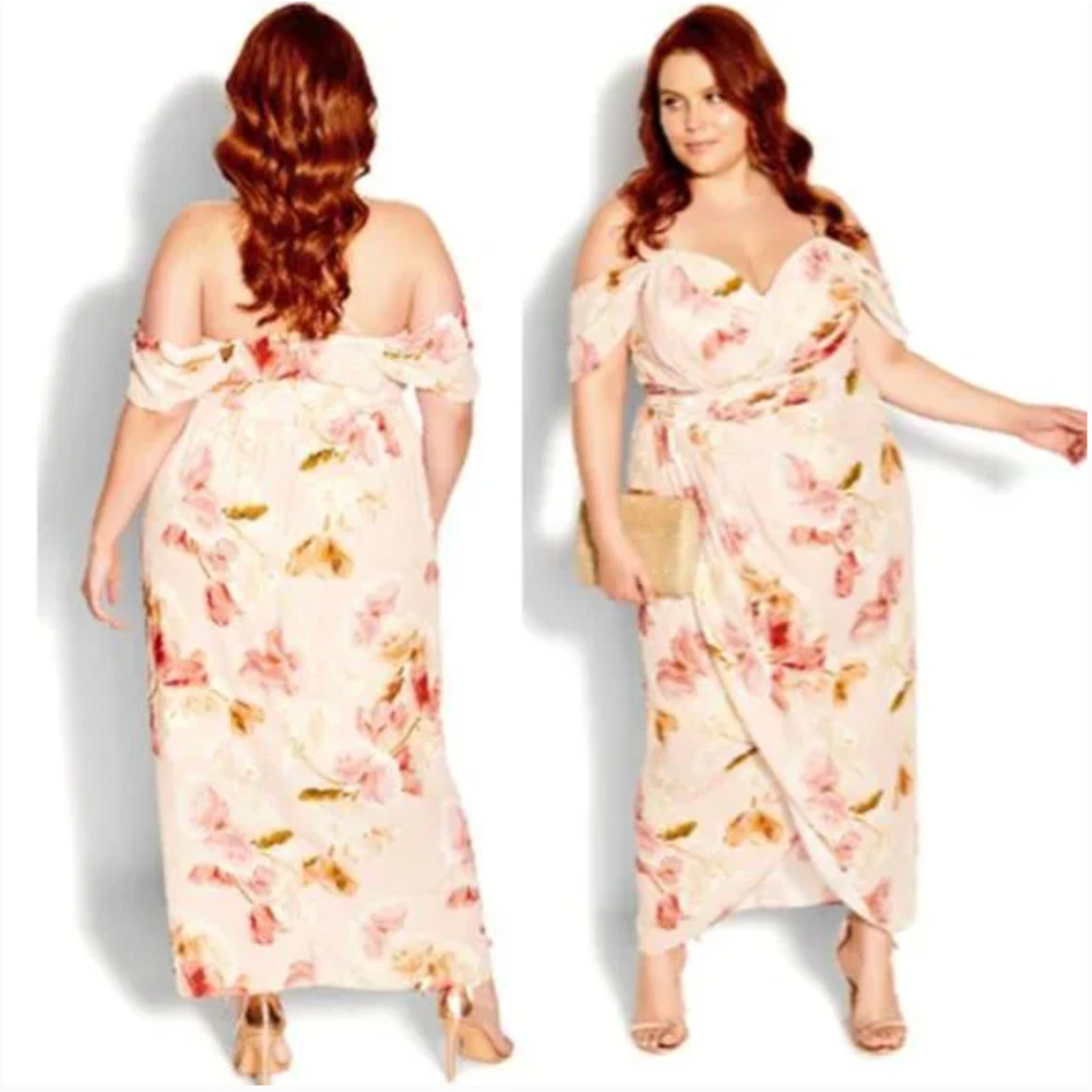 City Chic Maxi Dress Womens Medium 18 Pink Rose Faux Wrap Cocktail Drape NEW - Picture 2 of 16